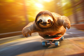 Sloth on skateboard riding fast, blurred motion on background. Generative AI - 646027728