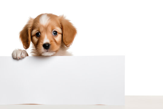Puppy holding a blank banner on white background. Generative AI