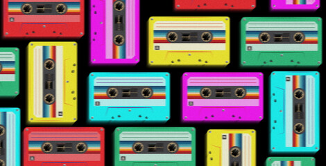 Retro musiccasette with retro colors eighties and nineties style, cassette tape, mix tape retro cassette design, Music vintage and audio theme, Synthwave and vaporwave template. Grainy nostalgia style