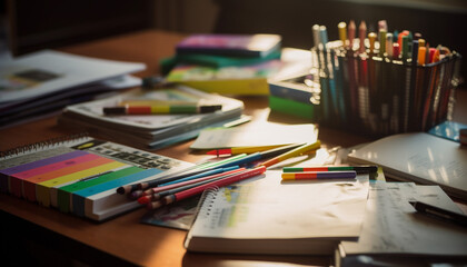 Colorful school supplies arranged on wooden desk for creative learning generated by AI