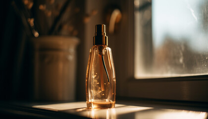 Aromatherapy and elegance in a backlit glass bottle reflection generated by AI