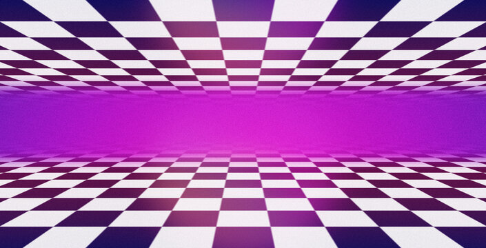 Retro grainy pattern with black and white checkered floor, vaporwave aesthetics, pastel colors. Chess board vintage style. Surreal vaporwave with a checkerboard floor. Vintage style retro background