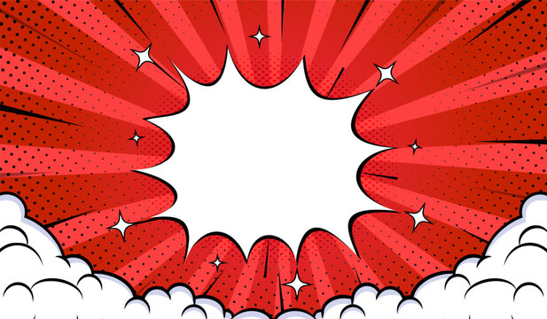 Red Anime Comic Retro Pop Art Stlye Background. Halftone Illustration. Cloud And Explosion Vector Illustration