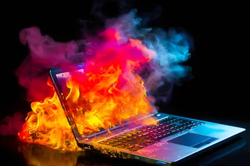 Foto op Aluminium Ai generated image of laptop damage by fire with vibrant color © mawardibahar