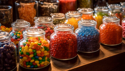 A vibrant collection of multi colored candy in a glass jar generated by AI
