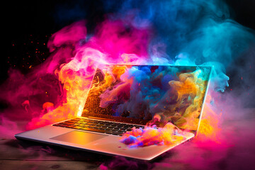 Ai generated image of laptop damage by fire with vibrant color