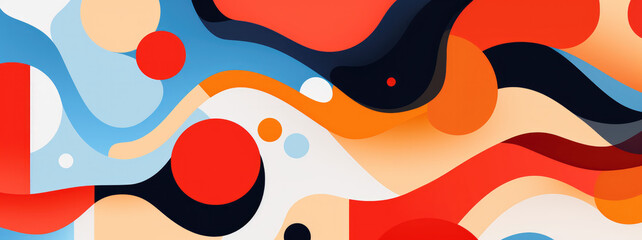 flat design of abstract shape and mouvement, painting with vibrant red, orange, and blue colors, AI