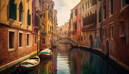 The illuminated canal reflects the vibrant architecture of Veneto famous cityscape generated by AI