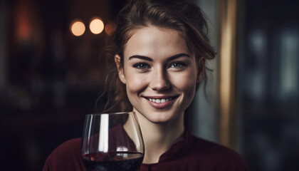 One young woman, smiling with confidence, holding wineglass indoors generated by AI