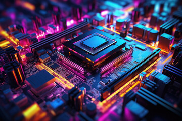Close up of computer circuit board with Cyperpunk futuristics light background. Technology and innovation. Blue pink purple violet yellow orange colorful tone.