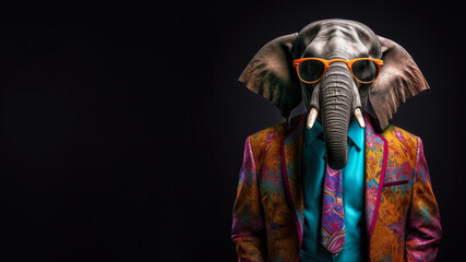 Cool looking elephant wearing funky fashion dress - jacket, tie, glasses. Wide banner with space for text at side. Stylish animal posing as supermodel. Generative AI