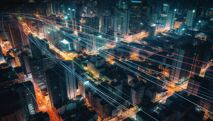 Fototapeta na wymiar City skyline glows with modern architecture, traffic rushes below generated by AI