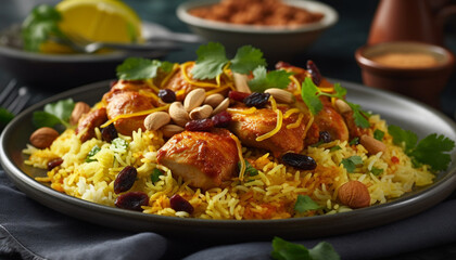 Fresh seafood paella with saffron rice, grilled chicken and vegetables generated by AI