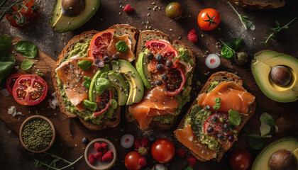Obraz na płótnie Canvas Grilled avocado and beef ciabatta sandwich, a gourmet healthy meal generated by AI