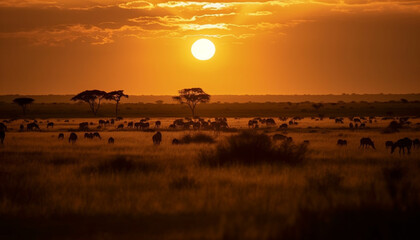 African sunset wildlife silhouettes grazing on savannah meadow at dusk generated by AI