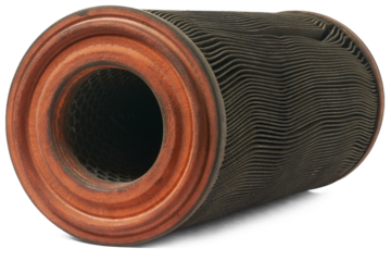 used dirty car or truck air filter with shadow, spare parts for repair at automotive service, isolated on white background