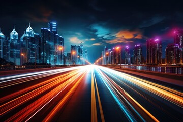 Obraz premium Abstract night cityscape background. Smart city, ai and digital transformation concept. Double exposure