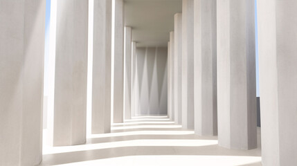 The sun's rays penetrate the columns within a lengthy, white corridor of a cutting-edge, geometric concrete structure.