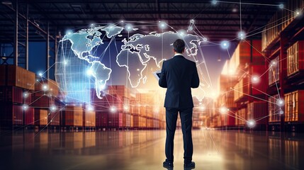 Businessman and global logistics network distribution and transportation, Smart logistics, Innovation future of transportation on large warehouse center