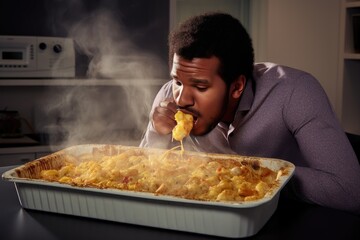 A person eating macaroni with cheese from a huge dish.