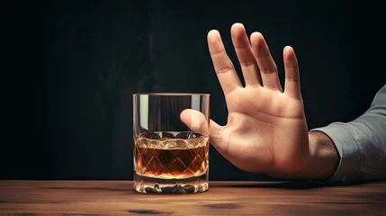 Tuinposter man refuses say no and avoid to drink an alcohol whiskey , stopping hand sign male, alcoholism treatment, alcohol addiction, quit booze, Stop Drinking Alcohol. Refuse Glass liquor, unhealthy, reject © pinkrabbit