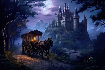 A horse drawn carriage with a castle in the background. Mysterious foggy scene.