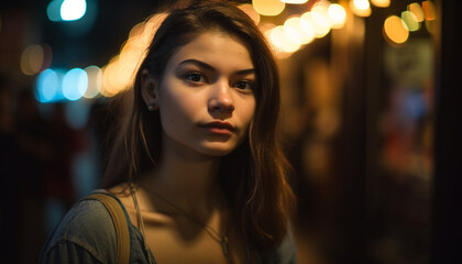 Fototapeta premium A beautiful young woman with brown hair smiles at the camera generated by AI