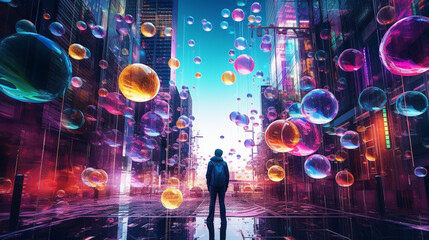a neon city view where gravity is melting over bubbles and a person