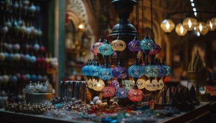 Ornate lanterns illuminate souvenir store abundance of Christmas decorations generated by AI