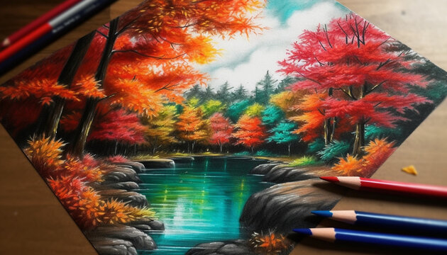 Vibrant autumn leaves painted with acrylic on a forest landscape generated by AI
