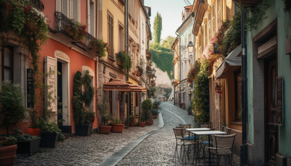Fototapeta premium The narrow street architecture and flower pots showcase Italian culture generated by AI