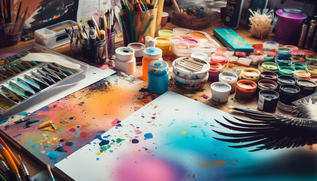 Vibrant colors on messy table, artist chaotic studio chaos generated by AI