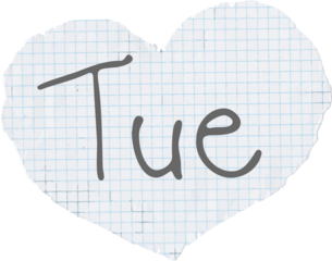 sticker day of the week - Tuesday on a torn piece of notebook in the shape of a heart, the inscription is abbreviated Tuesday with a marker
