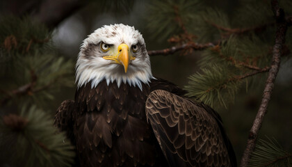 The majestic bald eagle perching on a tree branch generated by AI