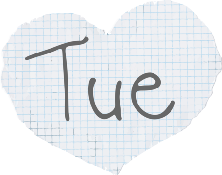 sticker day of the week - Tuesday on a torn piece of notebook in the shape of a heart, the inscription is abbreviated Tuesday with a marker