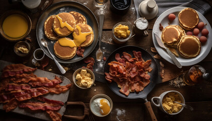 A rustic plate of unhealthy, indulgent American brunch with bacon generated by AI