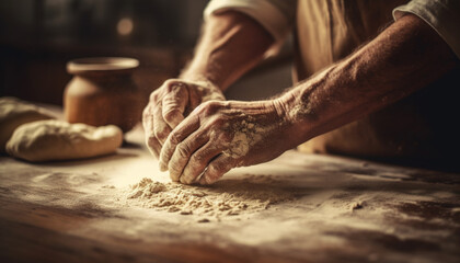 The skilled baker hands knead homemade bread dough indoors generated by AI
