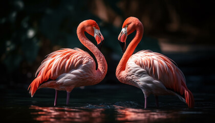 American flamingos wading in a tropical pond, showcasing natural elegance generated by AI