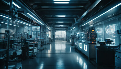 Obraz premium Inside a modern factory, steel machinery illuminates the empty room generated by AI