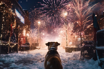 Cute dog rear back view watching silent New Year's Eve fireworks in snowy winter street with copy space in the sky