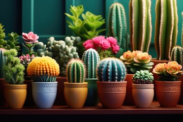 Many cacti in different pots for decoration