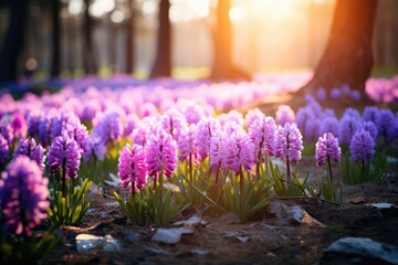 Flowers blossoming in spring at sunset - obrazy, fototapety, plakaty
