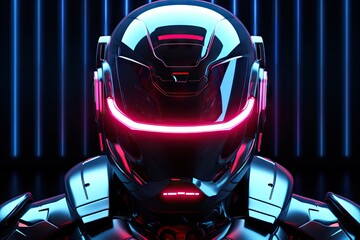 Futuristics robot cyborg with neon cyberpunk light helmet. Blue pink and purple colorful tone.