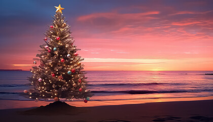 Festively decorated Christmas tree on the beach on New Year's Eve or Christmas