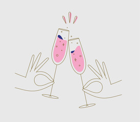 Hand holding champagne clinking glasses drawing in flat line style on beige background - 646032348