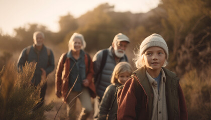 A multi generation family enjoys a carefree day walking in nature generated by AI
