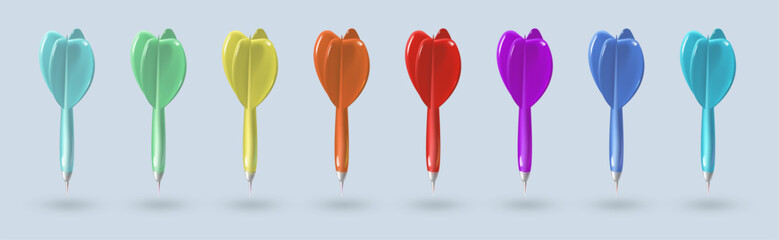 Set of different color darts isolated on a gray background. Realistic plastic darts. Vector