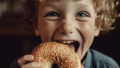 One cheerful child smiling while holding a fresh bagel snack generated by AI