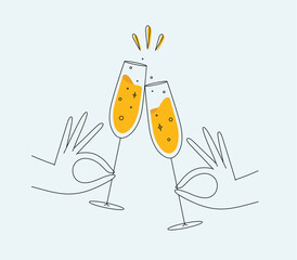 Hand holding champagne clinking glasses drawing in flat line style on light background