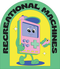 Groovy character in the form of video games. Gadgets for video games. Old games machine. Gamepads, vintage assets in retro style, latest vector images, set isolated
